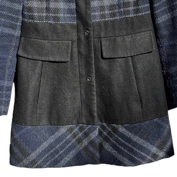 🌻GUESS Blue & Black Plaid Hooded Wool-Blend Trench Coat Jacket Size Medium - Picture 4 of 11